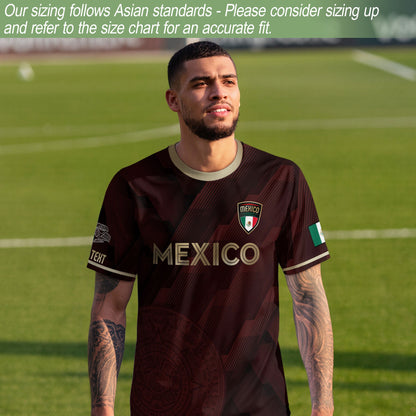 Custom Mexico Maroon Soccer Jersey with Golden Aztec Calendar Pattern