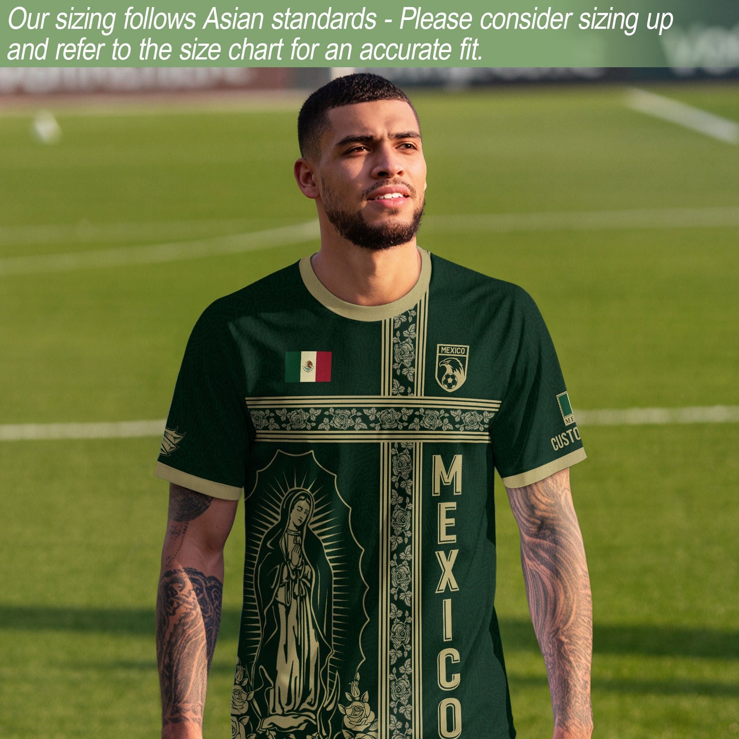 Custom Mexico Jersey Green Gold Our Lady of Guadalupe Design