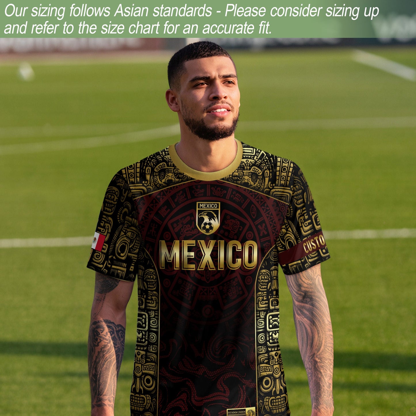 Custom Mexico Jersey Black Red Gold Aztec Calendar Design