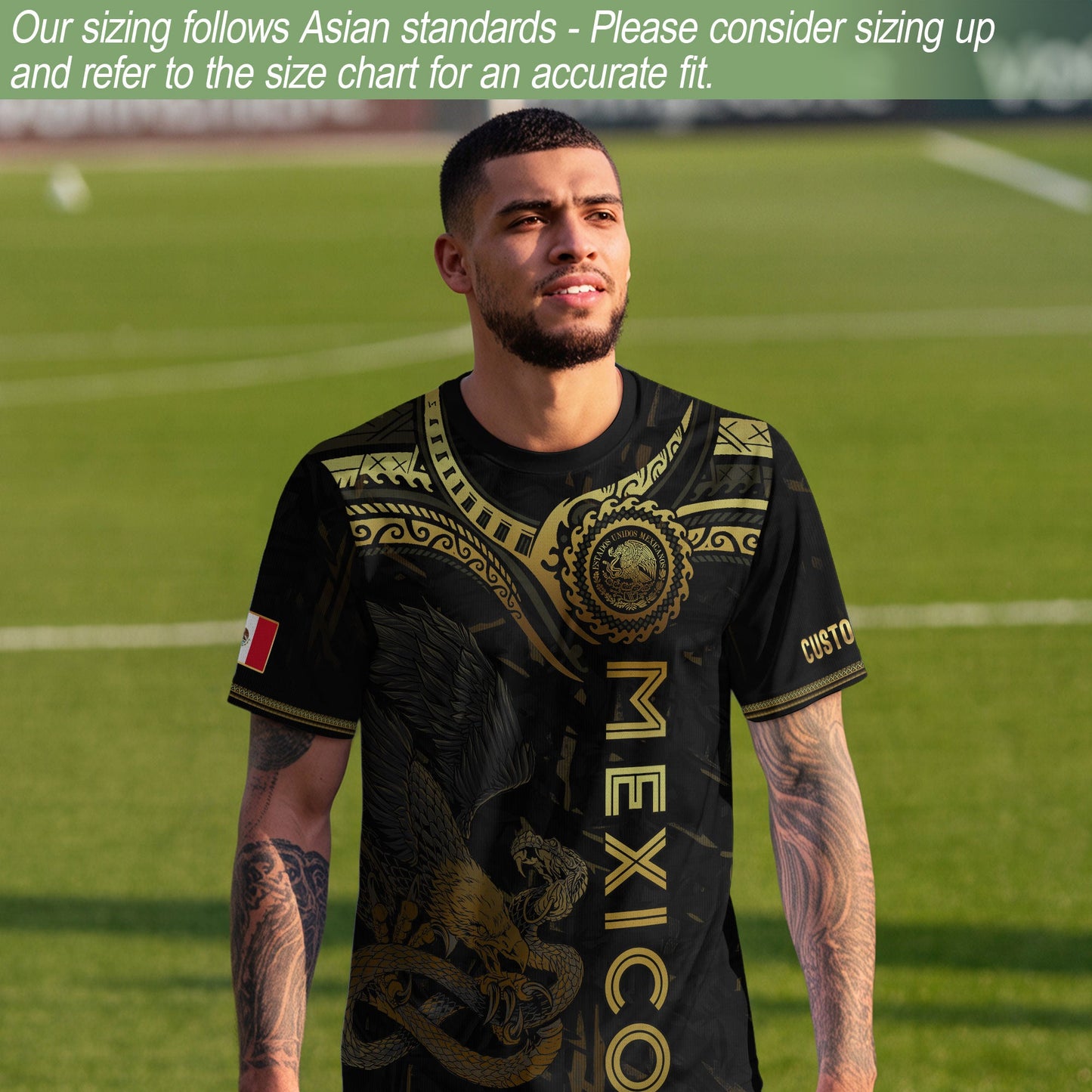 Custom Mexico Jersey Black Gold Eagle Serpent Aztec Design