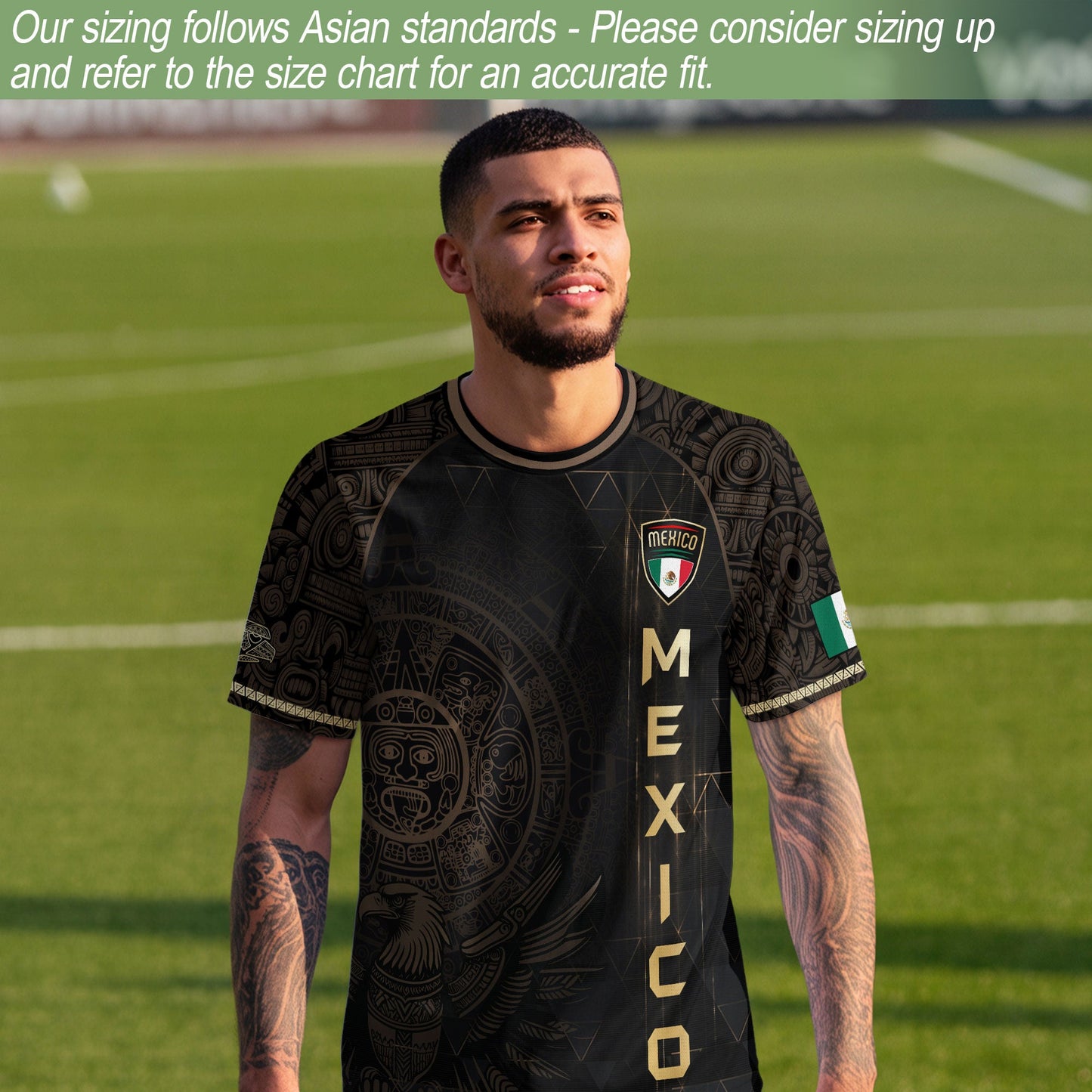 Mexico Soccer Jersey Black Gold Aztec Calendar & Eagle Emblem
