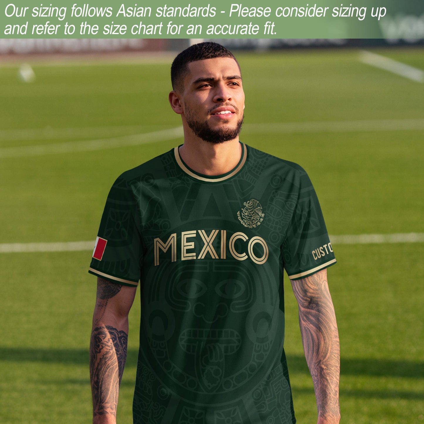 Custom Mexico Soccer Jersey Green Gold Aztec Calendar Design