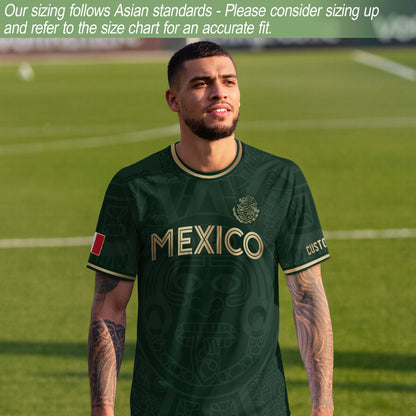 Custom Mexico Soccer Jersey Green Gold Aztec Calendar Design
