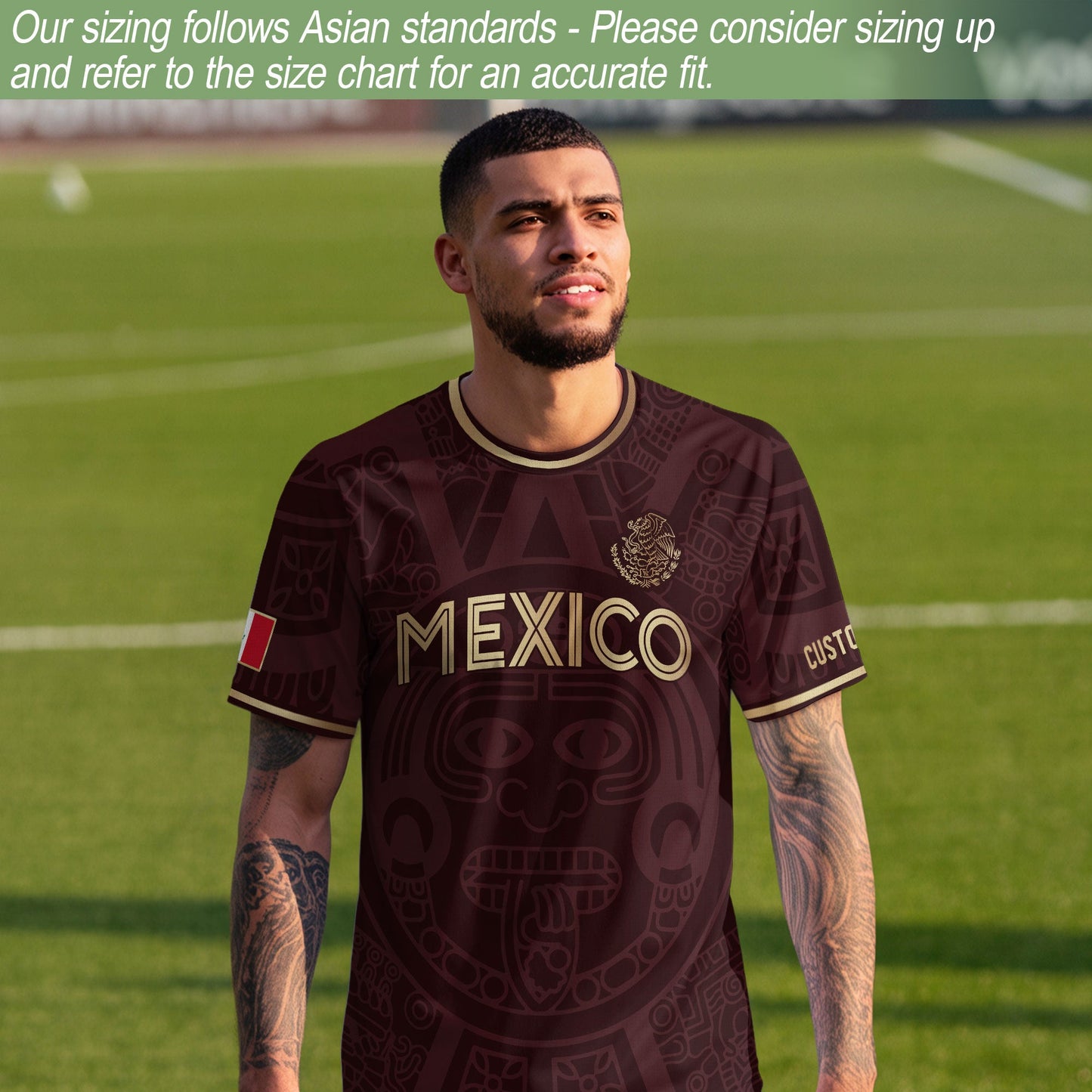 Custom Mexico Soccer Jersey Maroon Gold Aztec Calendar Design