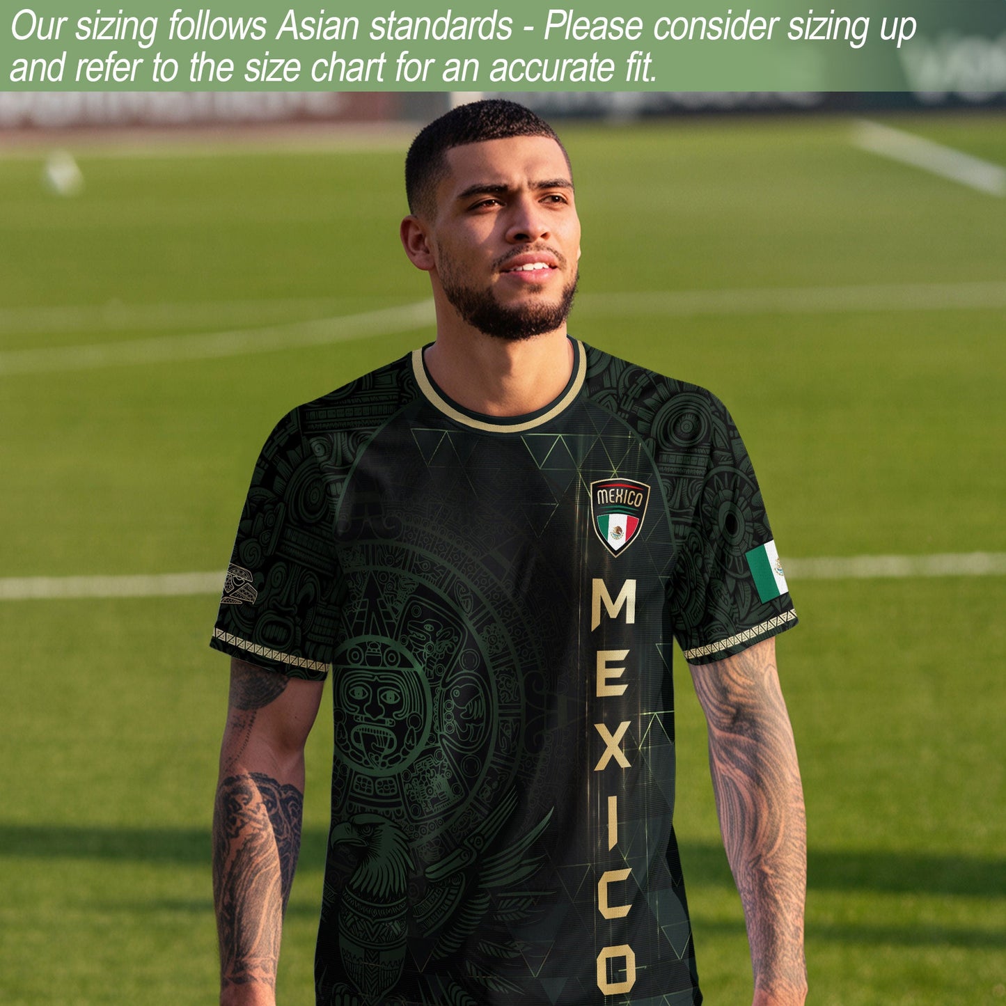 Mexico Soccer Jersey Dark Green Gold Aztec Calendar & Eagle Emblem