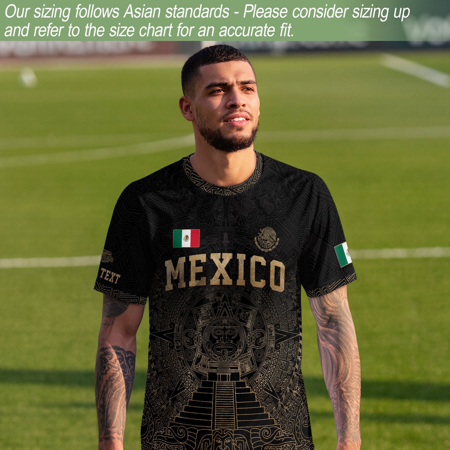 Custom Mexico Soccer Jersey Black Gold Aztec Calendar Heritage Design
