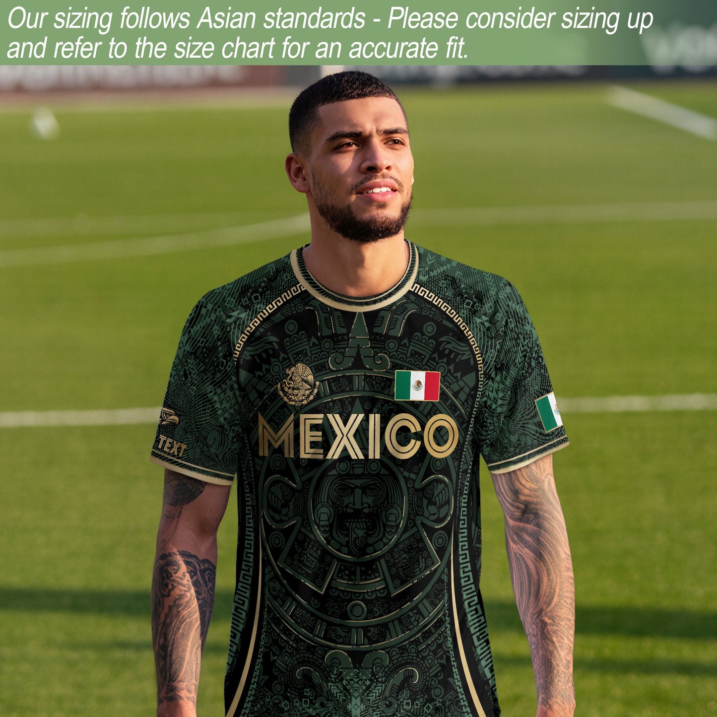 Custom Mexico Soccer Jersey Green Gold Aztec Calendar Heritage Design