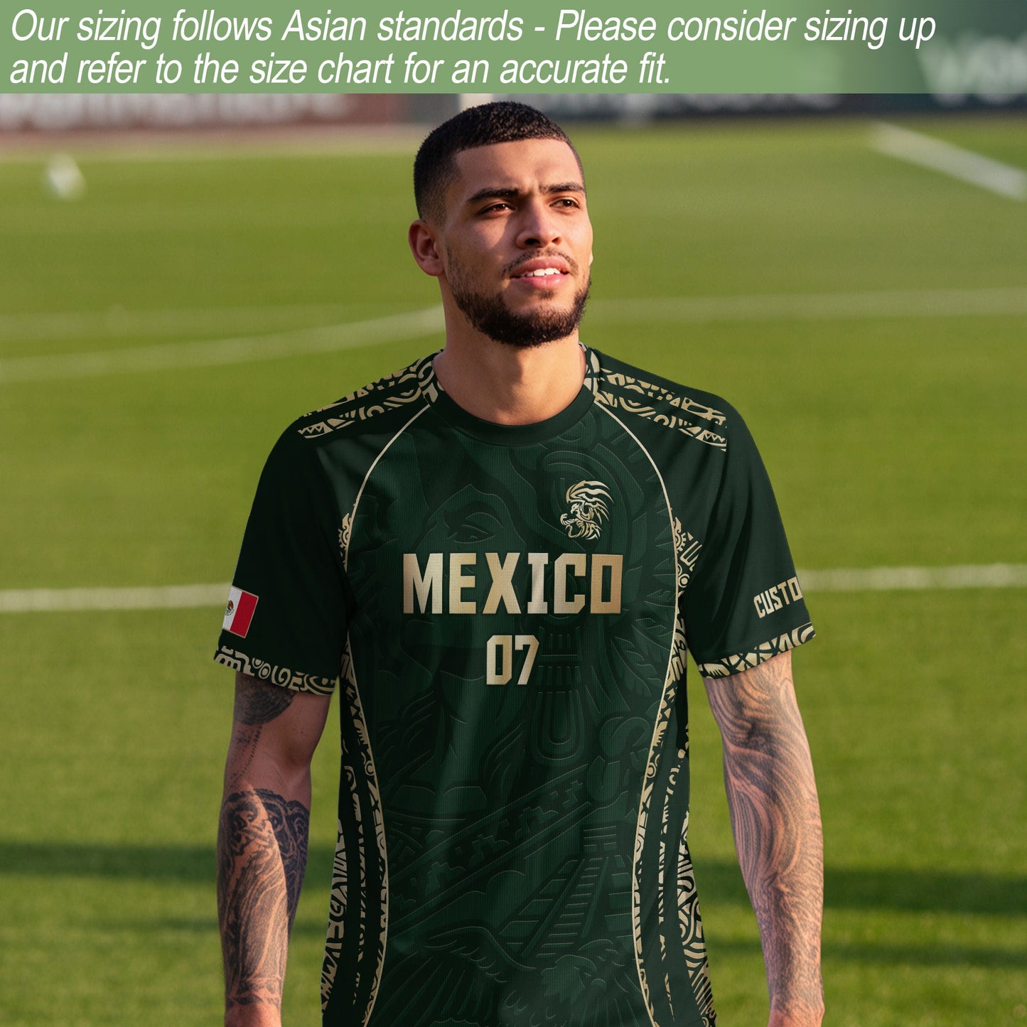 Custom Mexico Soccer Jersey Dark Green Gold Aztec Eagle Design