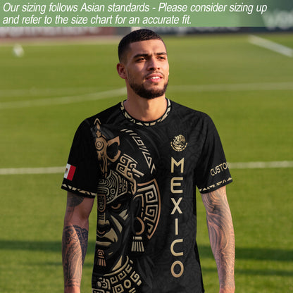 Custom Mexico Soccer Jersey Black Gold Aztec Warrior Face Design