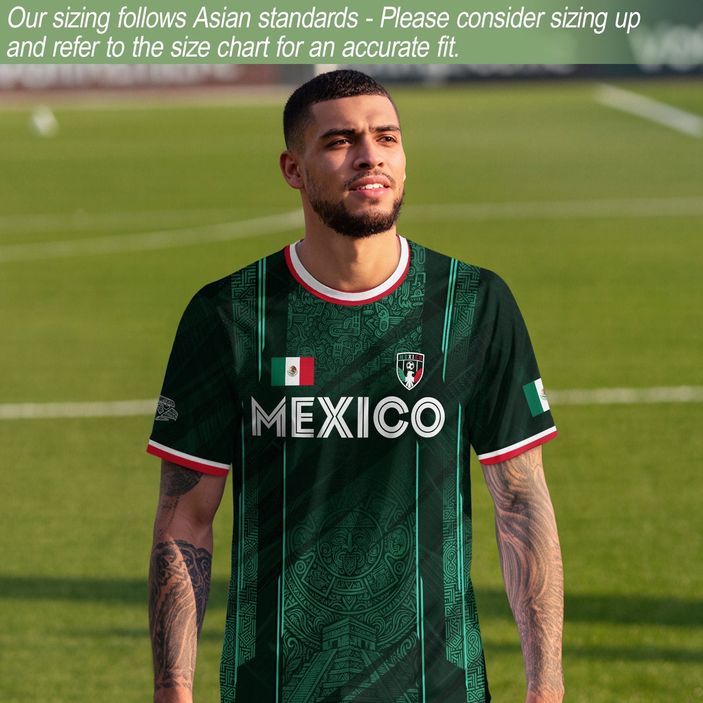 Mexico Soccer Jersey Green Aztec Calendar National Emblem Design
