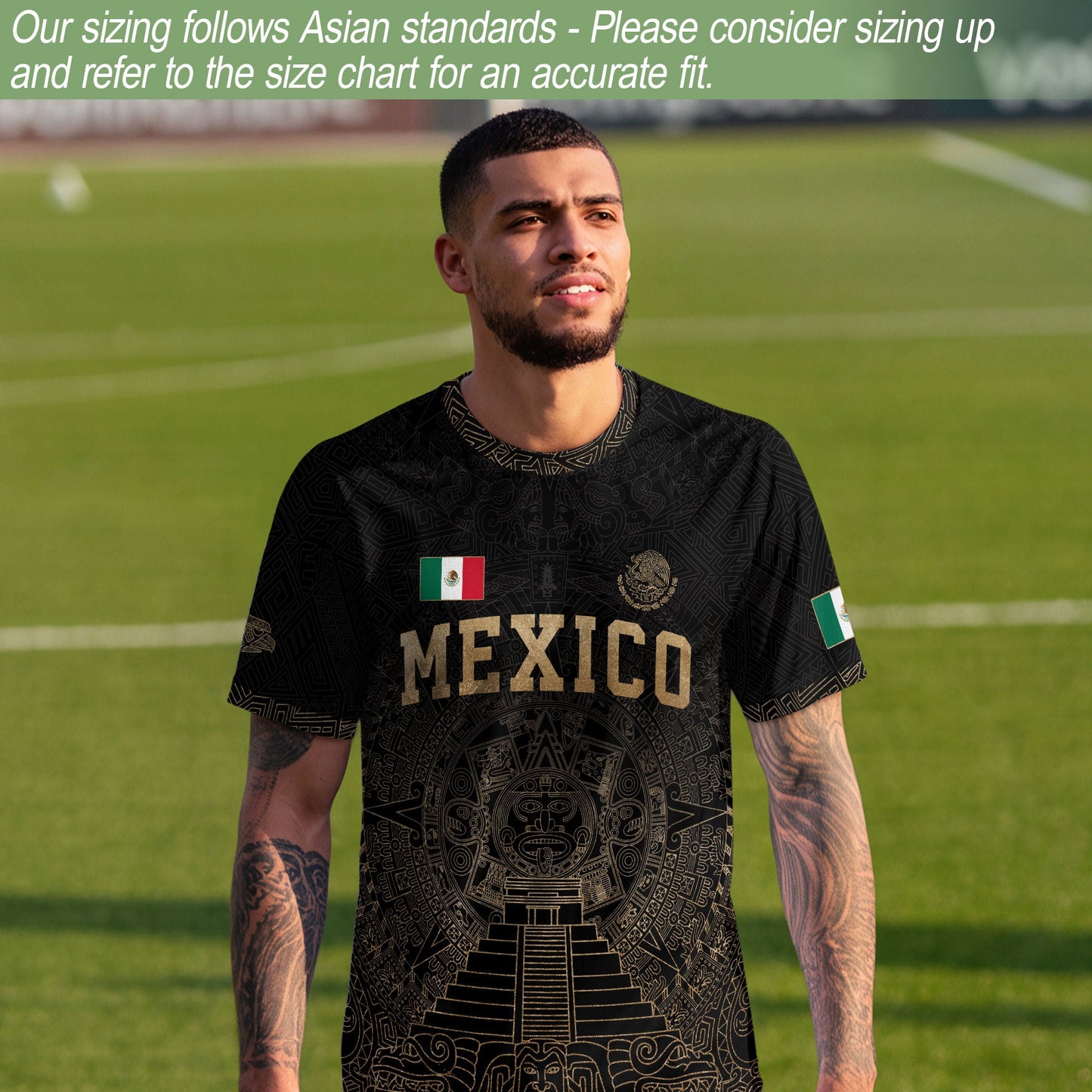 Mexico Soccer Jersey Black Gold Aztec Calendar Eagle Emblem Design
