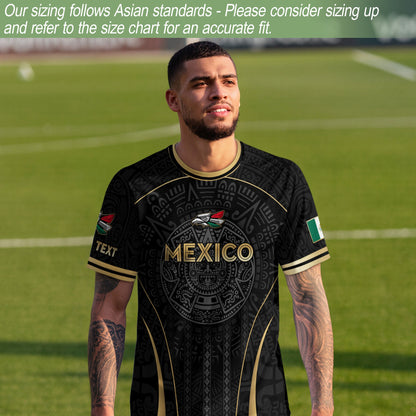 Custom Mexico Soccer Jersey Black Gold Aztec Calendar Design