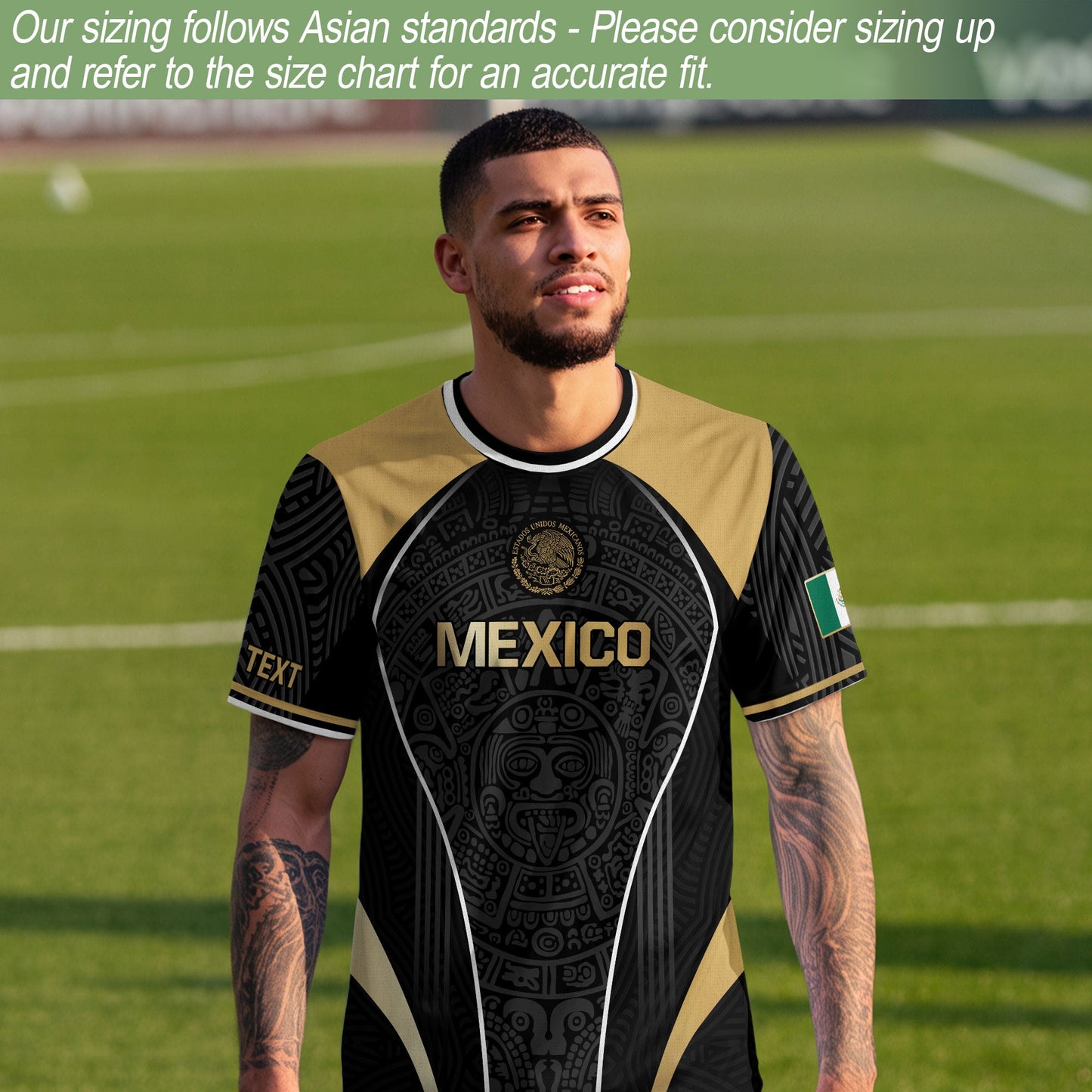 Custom Mexico Soccer Jersey Black Gold Heritage Aztec Pattern Design