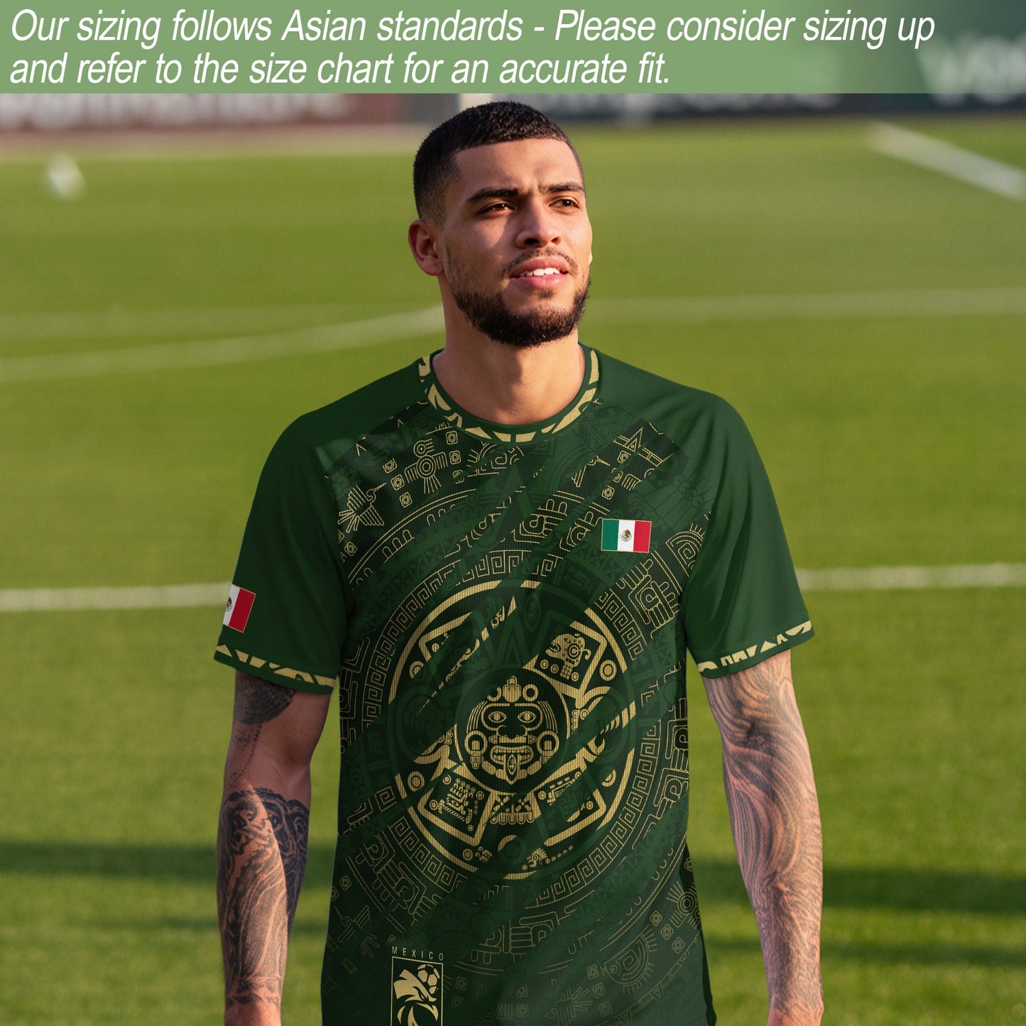 Mexico Green Gold Aztec Calendar National Pride Mens Football Soccer Jersey