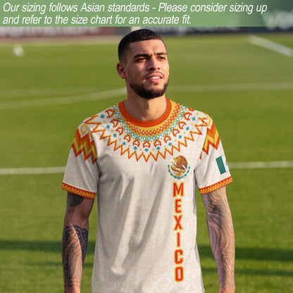 Mexico Cream Orange Heritage Soccer Jersey, Aztec Pattern Mexican Roots Design Jersey For Men