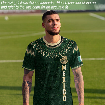 Mexico Heritage Soccer Jersey, Green Gold Aztec Calendar Design Sports Jersey for Men