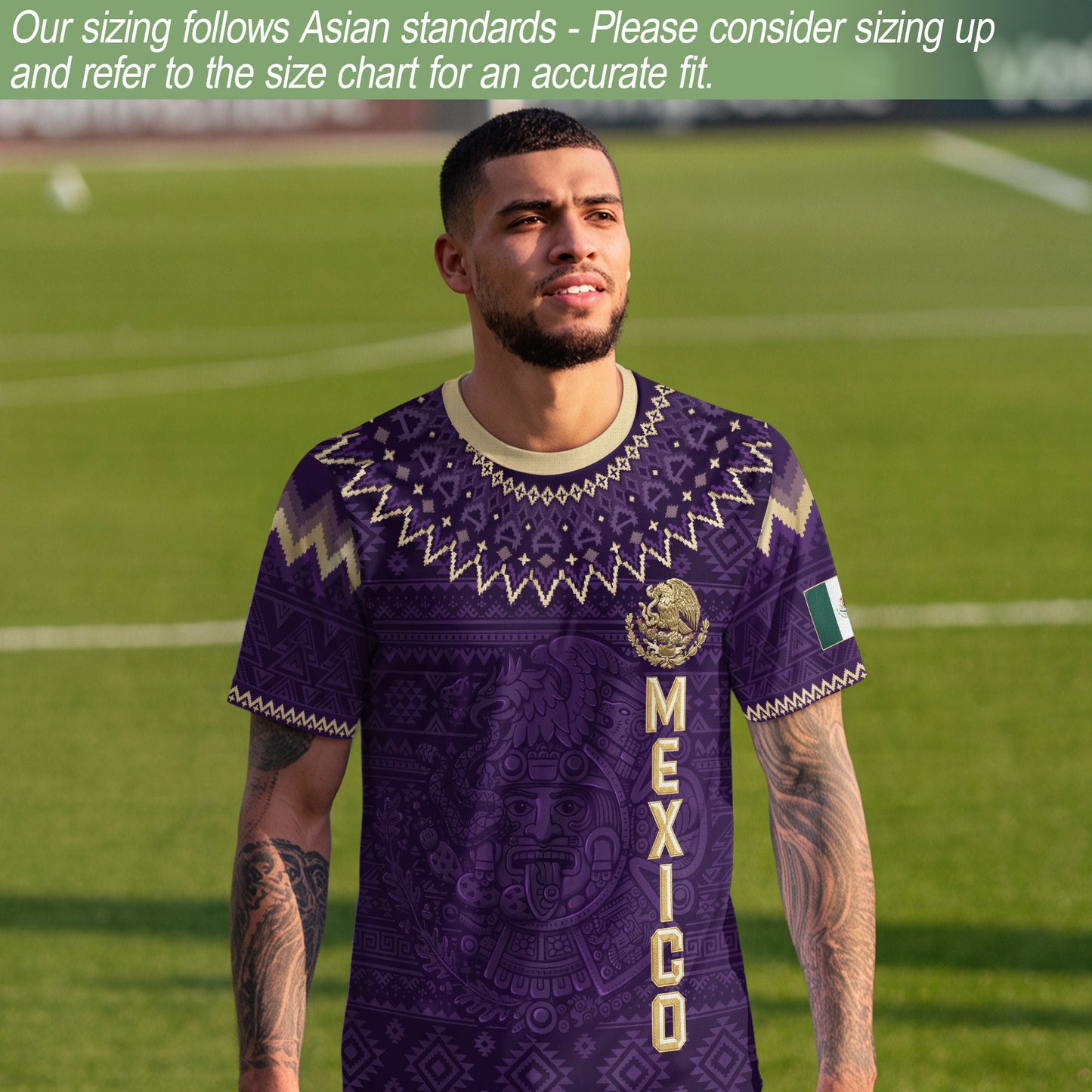Mexico Heritage Soccer Jersey, Purple Gold Aztec Calendar Design Sports Jersey for Men