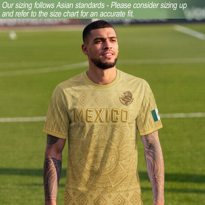 Mexico Heritage Soccer Jersey, Yellow Gold Aztec Calendar Design Sports Jersey for Men