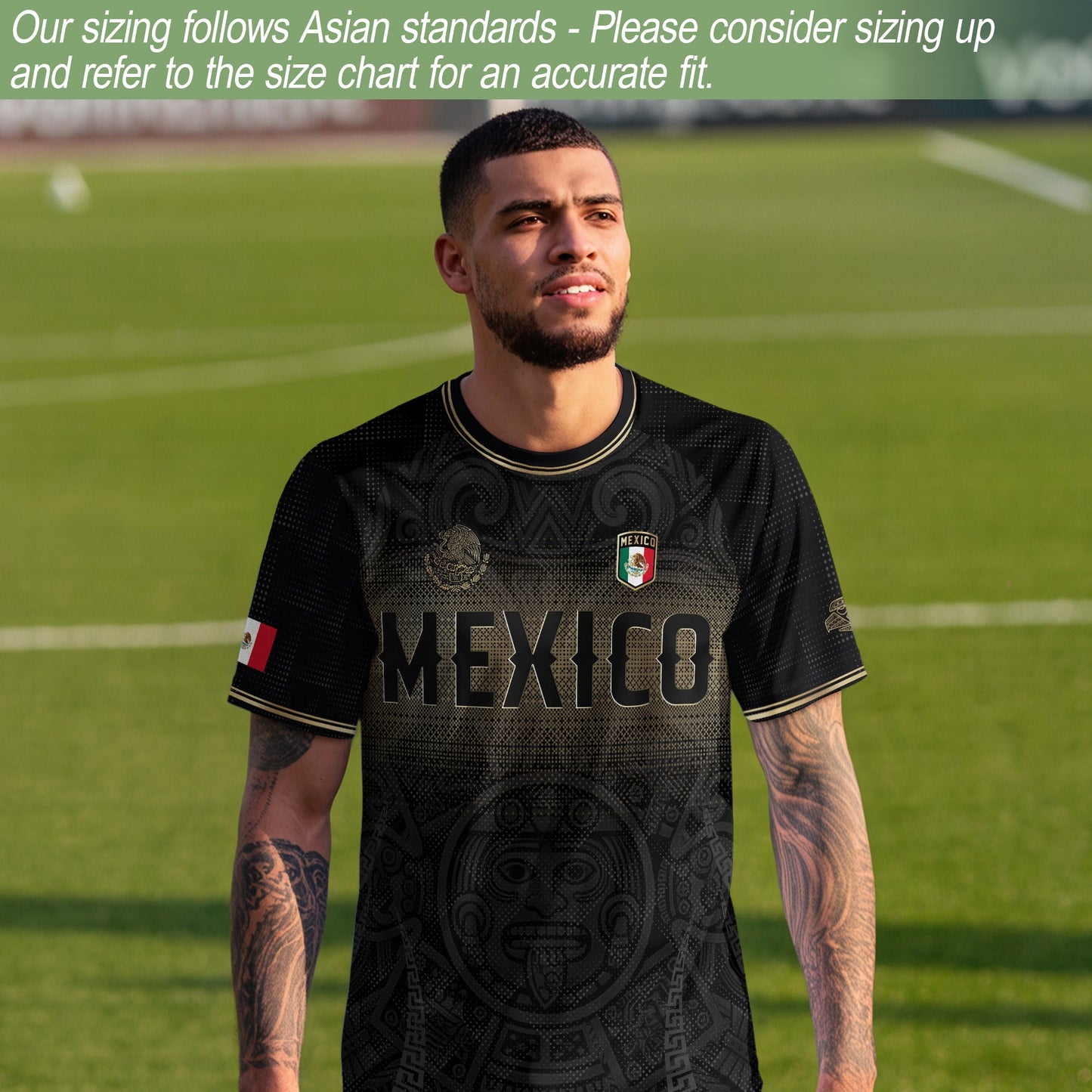 Mexico Black Gold Aztec Calendar Sun God Heritage National Soccer Jersey