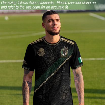 Mexico Heritage Orgullo Mexicano Black Gold Sash Aztec Calendar Gold Shoulder Soccer Jersey