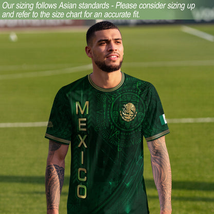 Mexico Heritage Orgullo Mexicano Green Gold Detailed Country Map Aztec Calendar Soccer Jersey