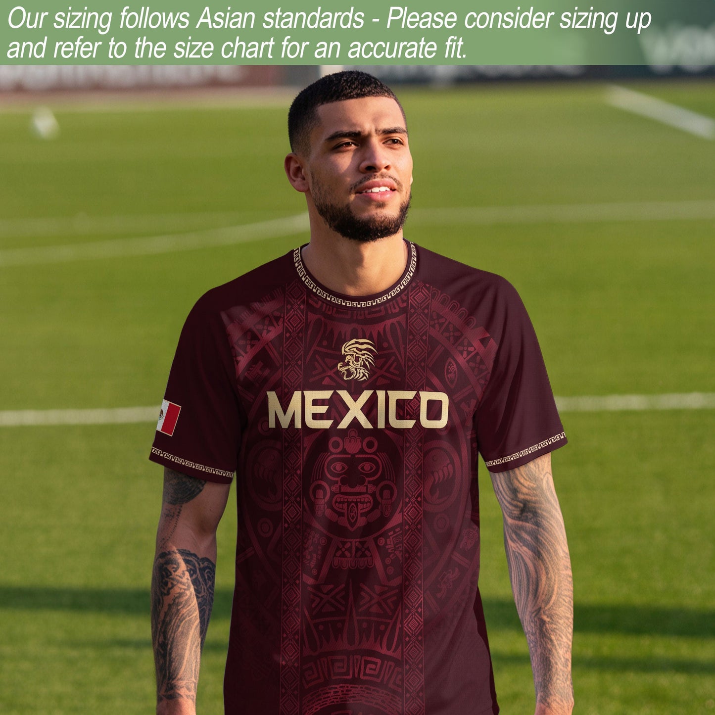 Mexico Heritage Orgullo Mexicano Maroon Burgundy Aztec Calendar Sun Stone Soccer Jersey