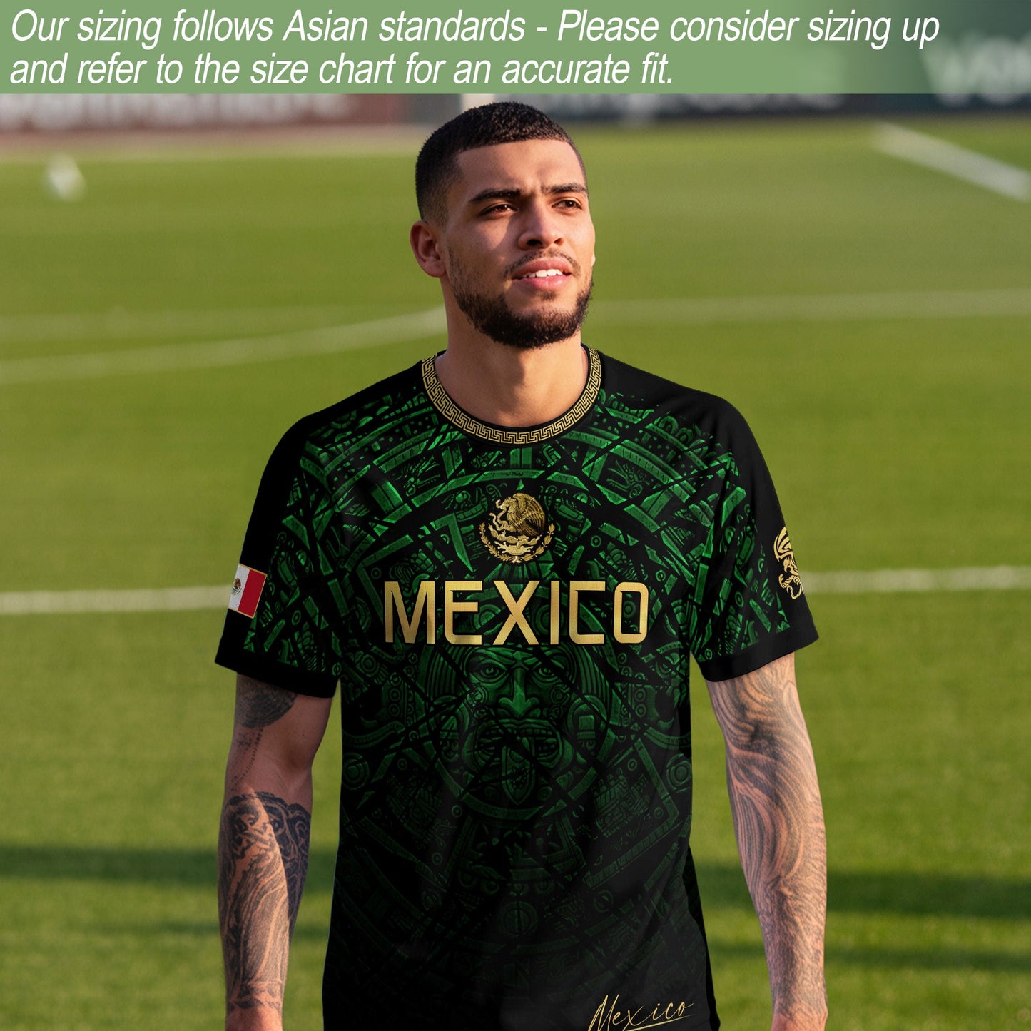 Mexico Soccer Jersey Green Black Aztec Sun Stone - Mexico Fan Heritage Style Shirt