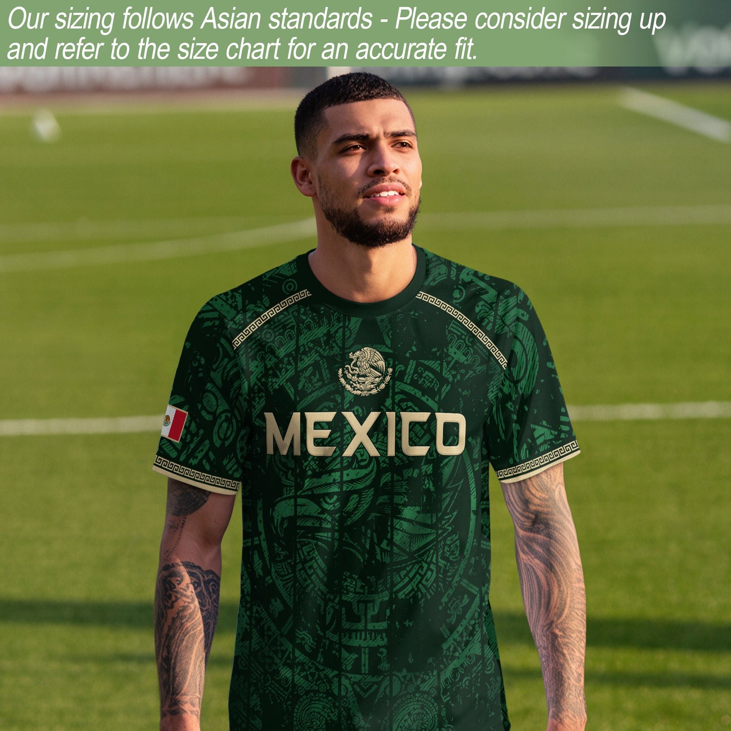 Mexico Soccer Jersey Green Eagle Crest - Aztec Sun Stone Heritage Fan Football Men Shirt