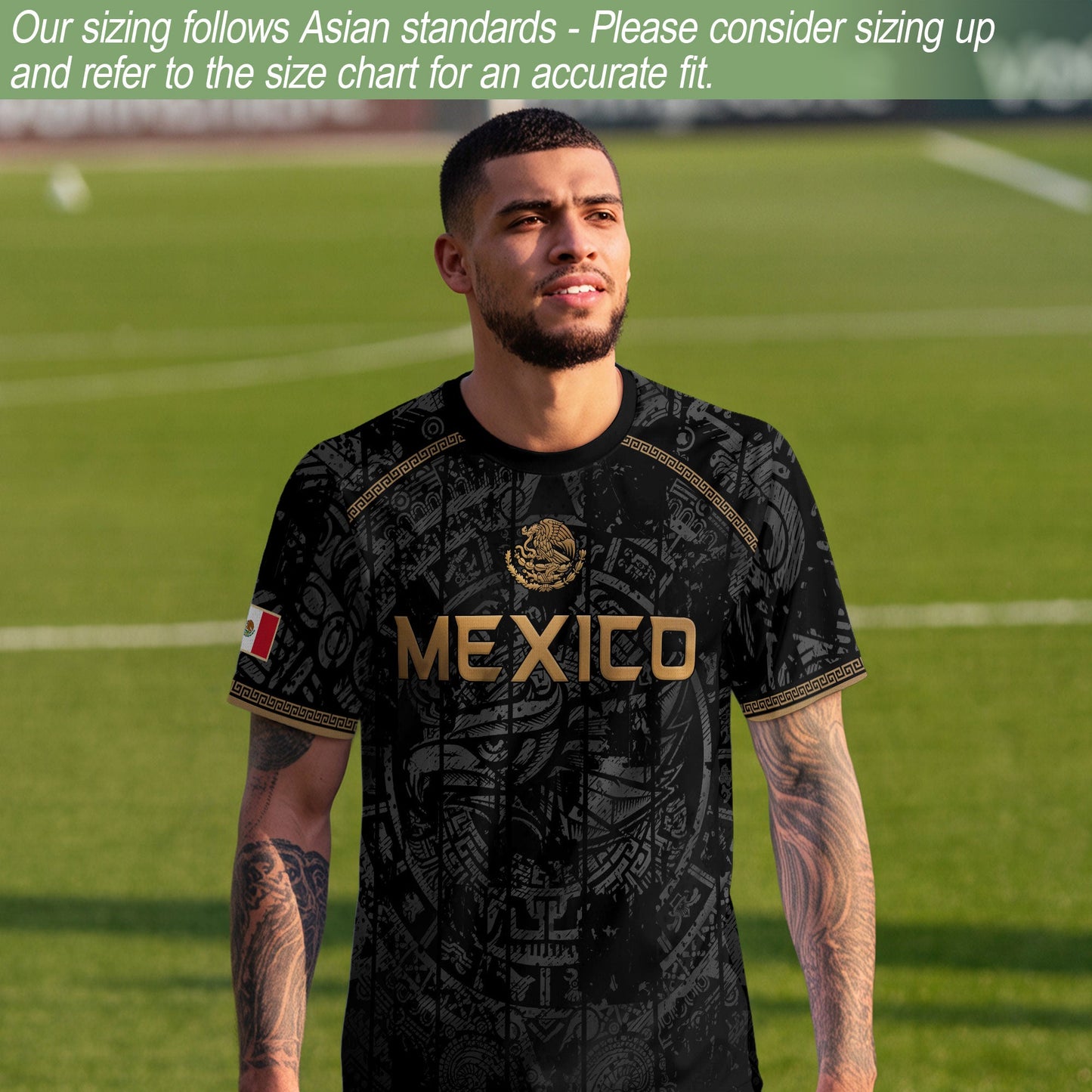 Mexico Soccer Jersey Black Eagle Crest - Aztec Sun Stone Heritage Fan Football Shirt