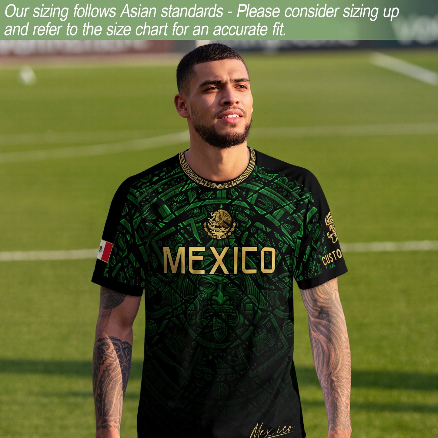 Custom Mexico Soccer Jersey – Green Aztec Calendar Pattern Black Football Shirt