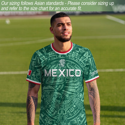 Mexico Soccer Jersey Custom Name - Green Aztec Calendar & Eagle Heritage Football Shirt