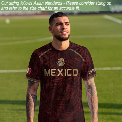 Personalized Mexico Soccer Jersey - Maroon Gold Aztec Calendar Heritage Football Shirt