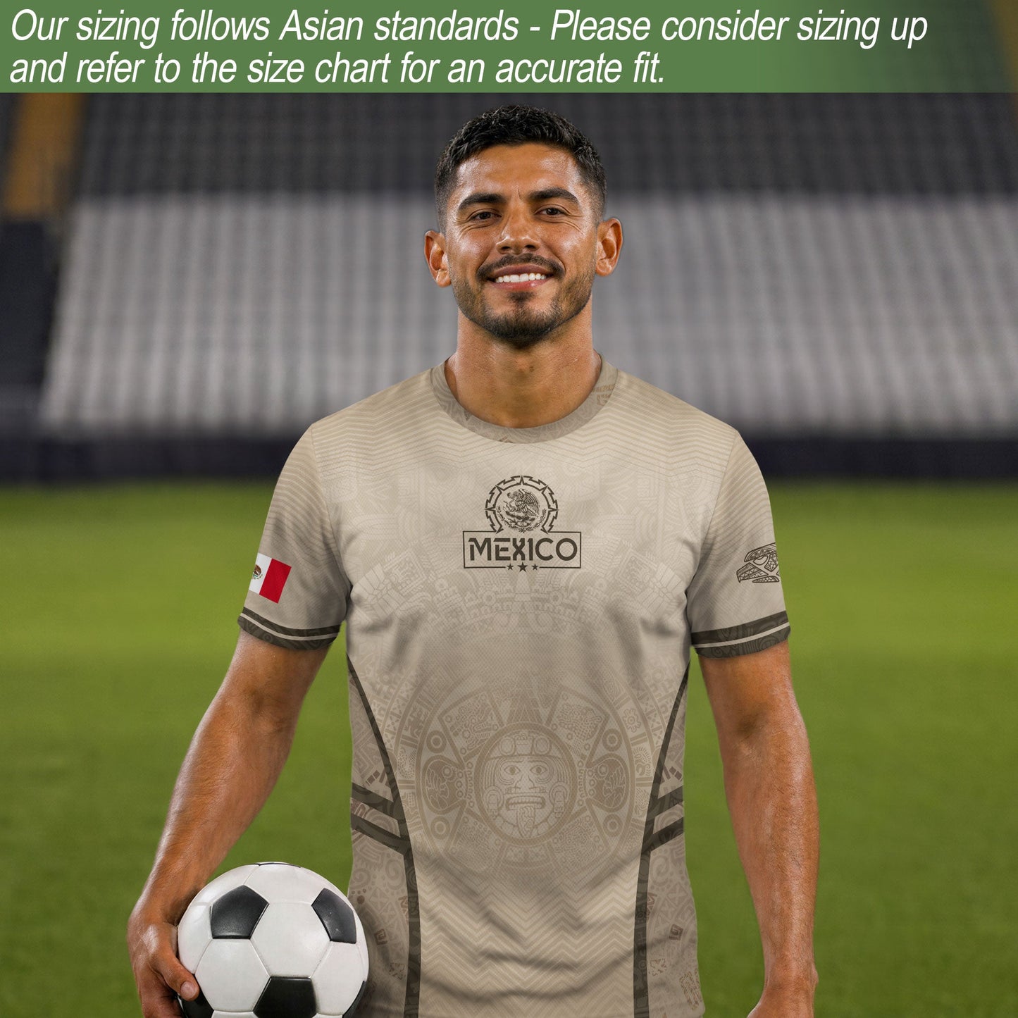 Mexico Soccer Jersey Aztec Eagle Sun Calendar Beige Tan Football Shirt for Fans