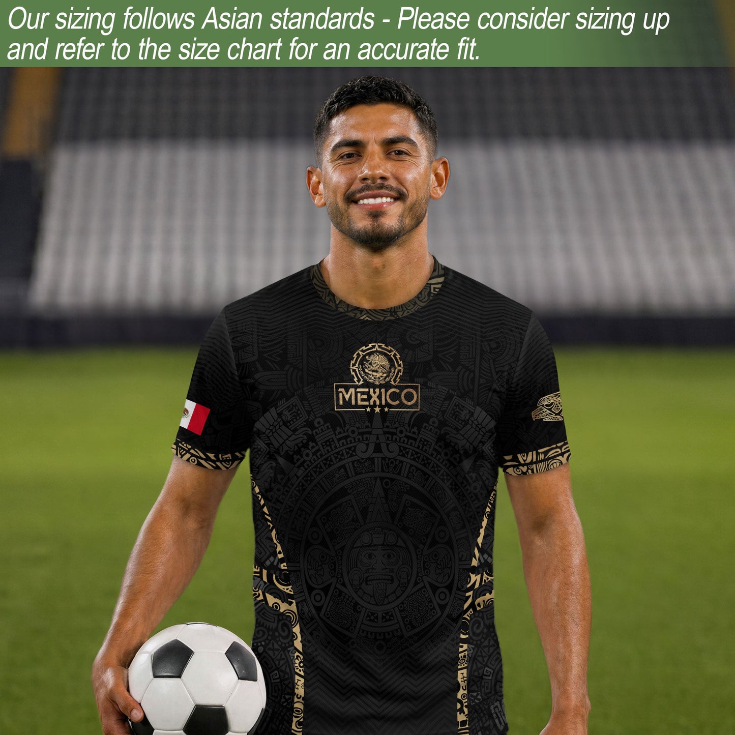Mexico Soccer Jersey Aztec Sun Calendar Black Gold Football Shirt for Fans