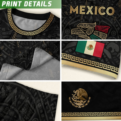 Mexico Kids Soccer Jersey Black Aztec Calendar Tricolor Gold Youth Football Shirt