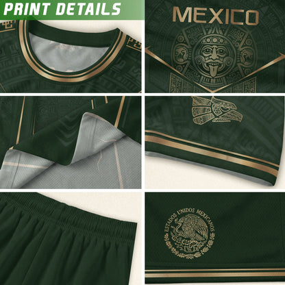 Mexico Soccer Jersey Youth Green Gold Eagle Shield Warrior Culture Print Football Shirt