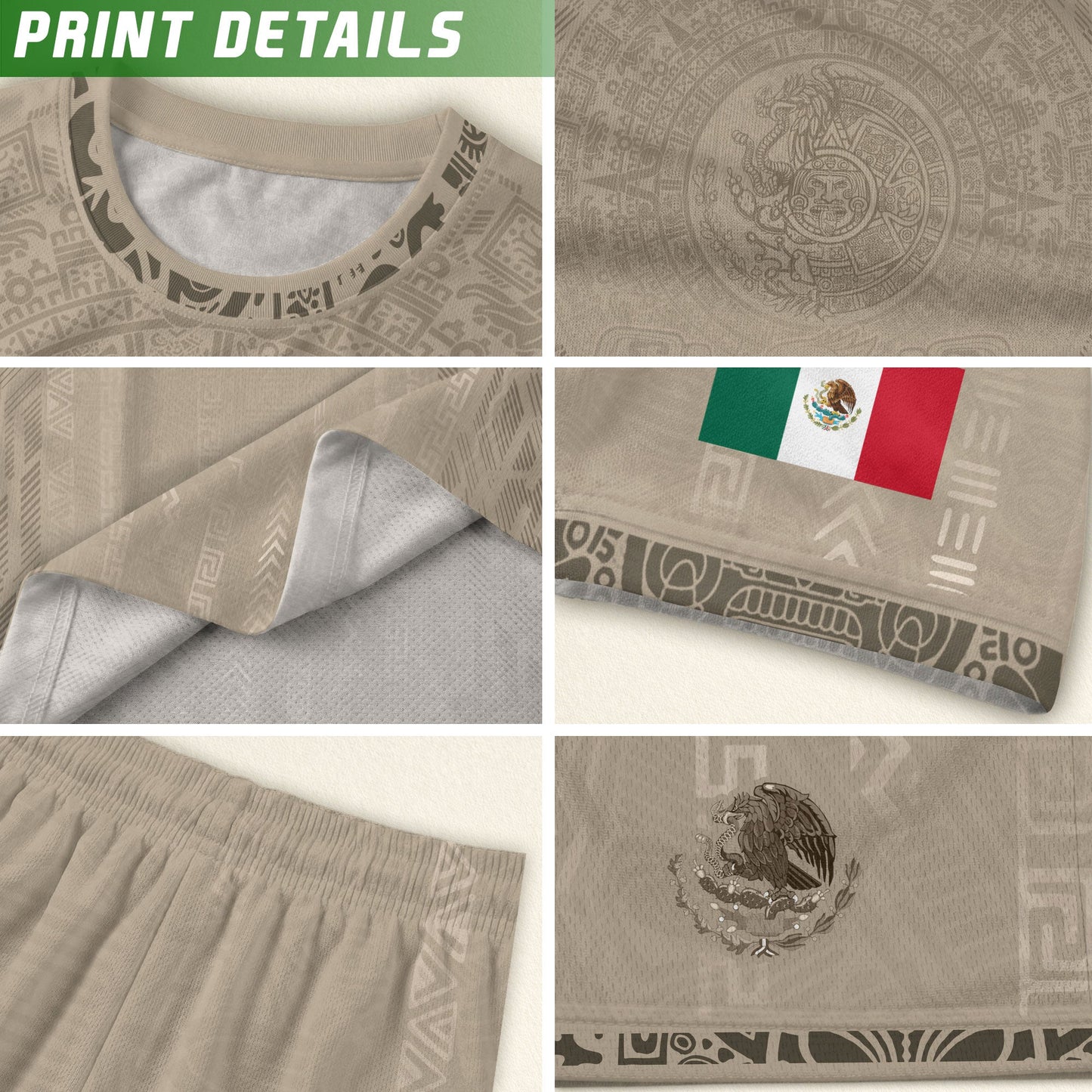 Mexico Soccer Jersey Kid Youth Aztec Calendar Beige Football Shirt Set