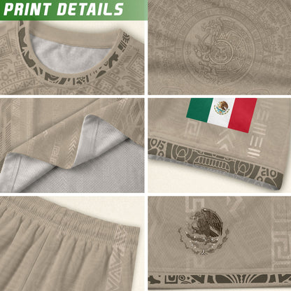 Mexico Soccer Jersey Kid Youth Aztec Calendar Beige Football Shirt Set