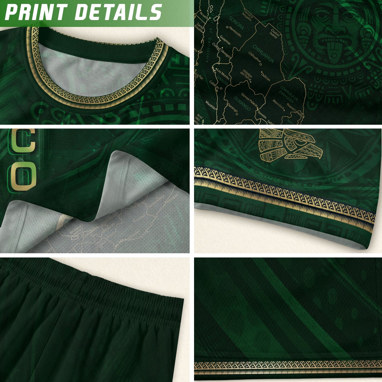 Mexico Heritage Orgullo Mexicano Green Gold Detailed Country Map Aztec Calendar Soccer Jersey