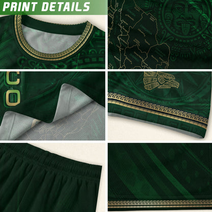 Mexico Heritage Orgullo Mexicano Green Gold Detailed Country Map Aztec Calendar Soccer Jersey
