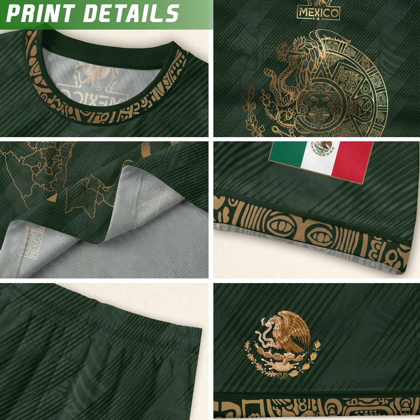 Mexico Heritage Orgullo Mexicano Green Gold Country Map Aztec Calendar Soccer Jersey