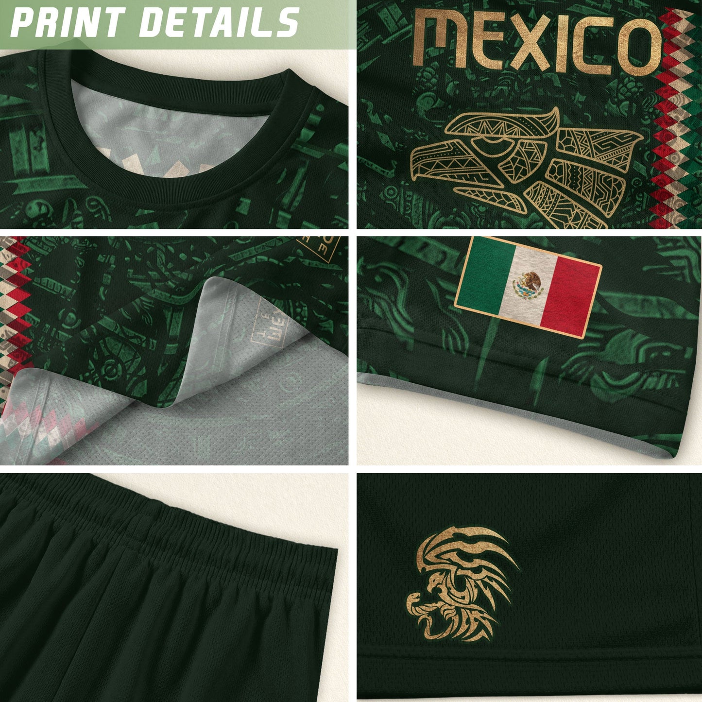 Mexico Soccer Jersey Green Gold Aztec Sun Stone - Mexico National Team Fan Heritage Shirt