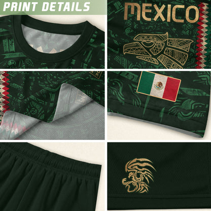 Mexico Soccer Jersey Green Gold Aztec Sun Stone - Mexico National Team Fan Heritage Shirt