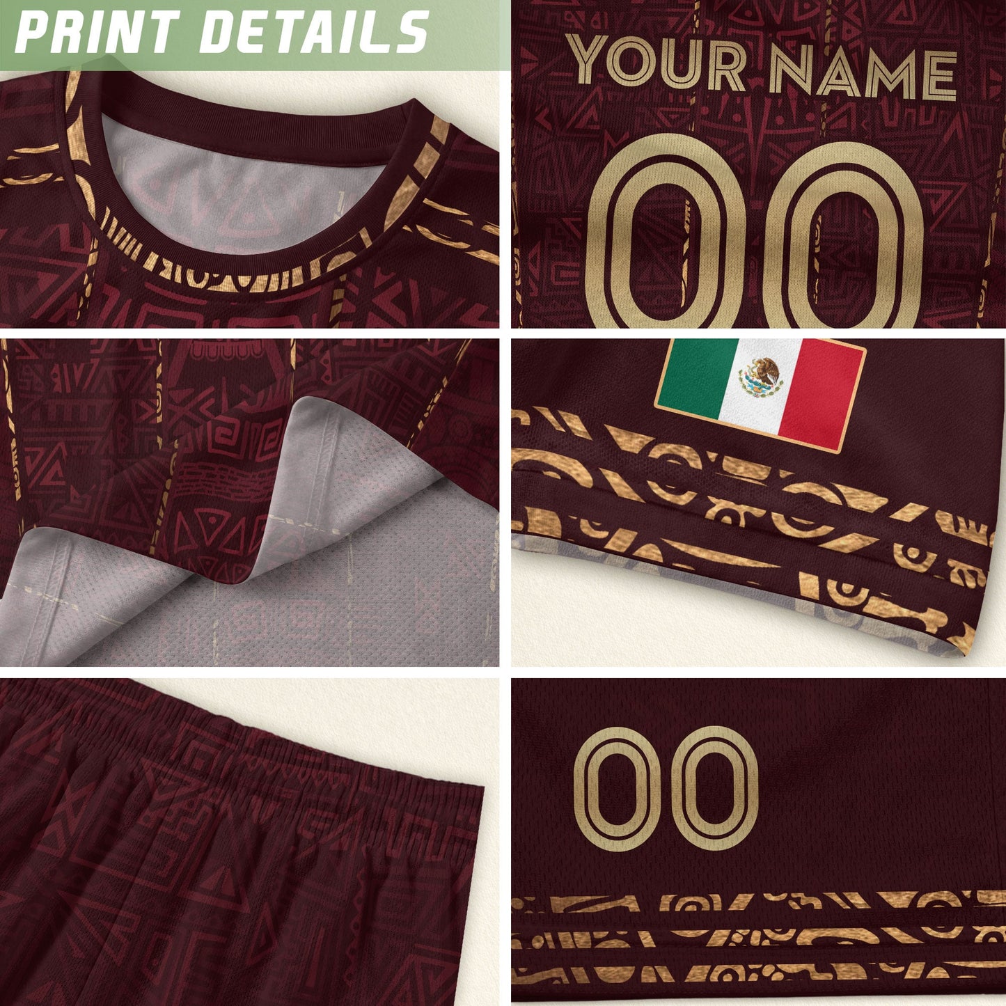 Mexico Soccer Jersey - Aztec Mayan Heritage Pattern - Personalized Maroon Football Shirt
