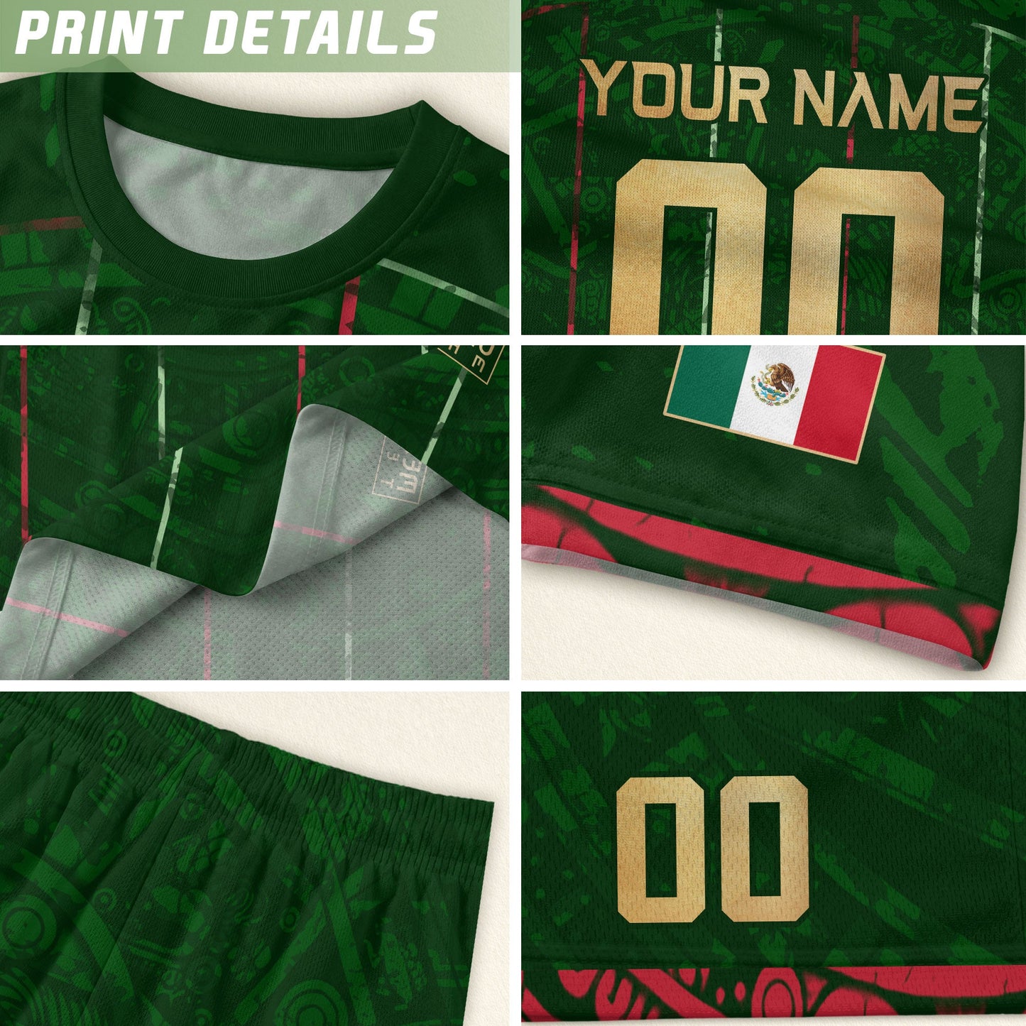 Custom Mexico Soccer Jersey – Green Aztec Pattern Striped Football Shirt with Custom Name Number