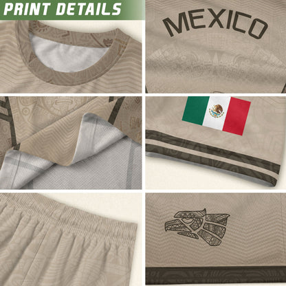 Mexico Soccer Jersey Aztec Eagle Sun Calendar Beige Tan Football Shirt for Fans