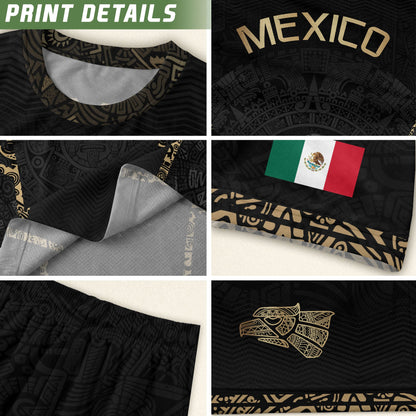 Mexico Soccer Jersey Aztec Sun Calendar Black Gold Football Shirt for Fans