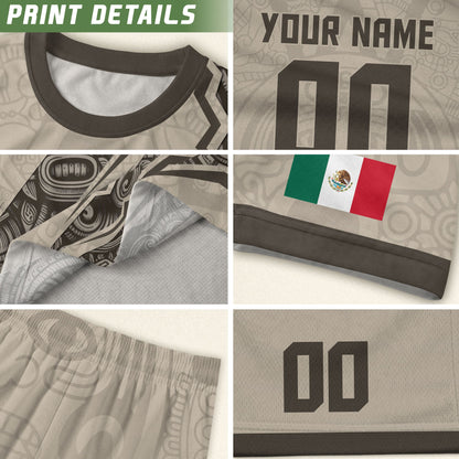 Custom Beige Mexico Soccer Jersey Aztec Eagle Heritage Gold Trim Mexican Football Shirt