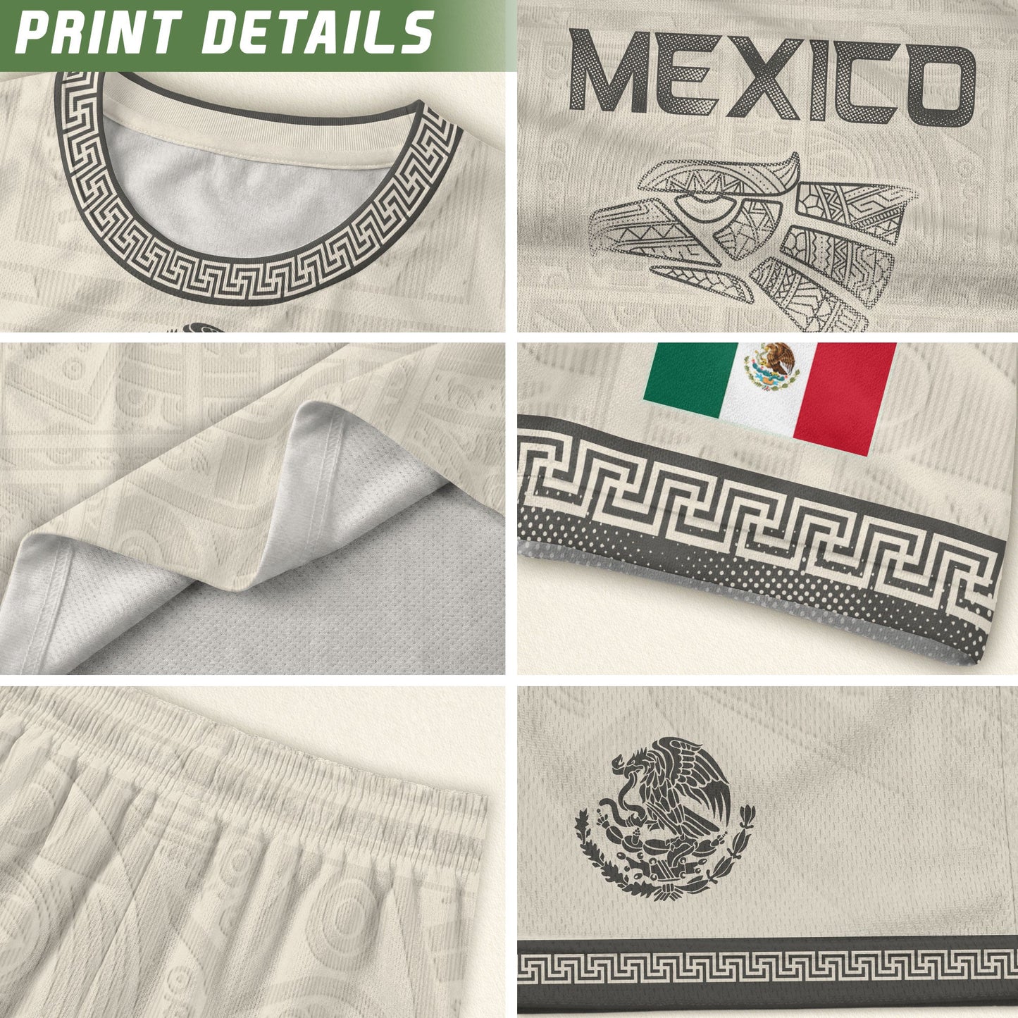 Beige Mexico Soccer Jersey Aztec Heritage Trim Mexican Football Shirt Men Women
