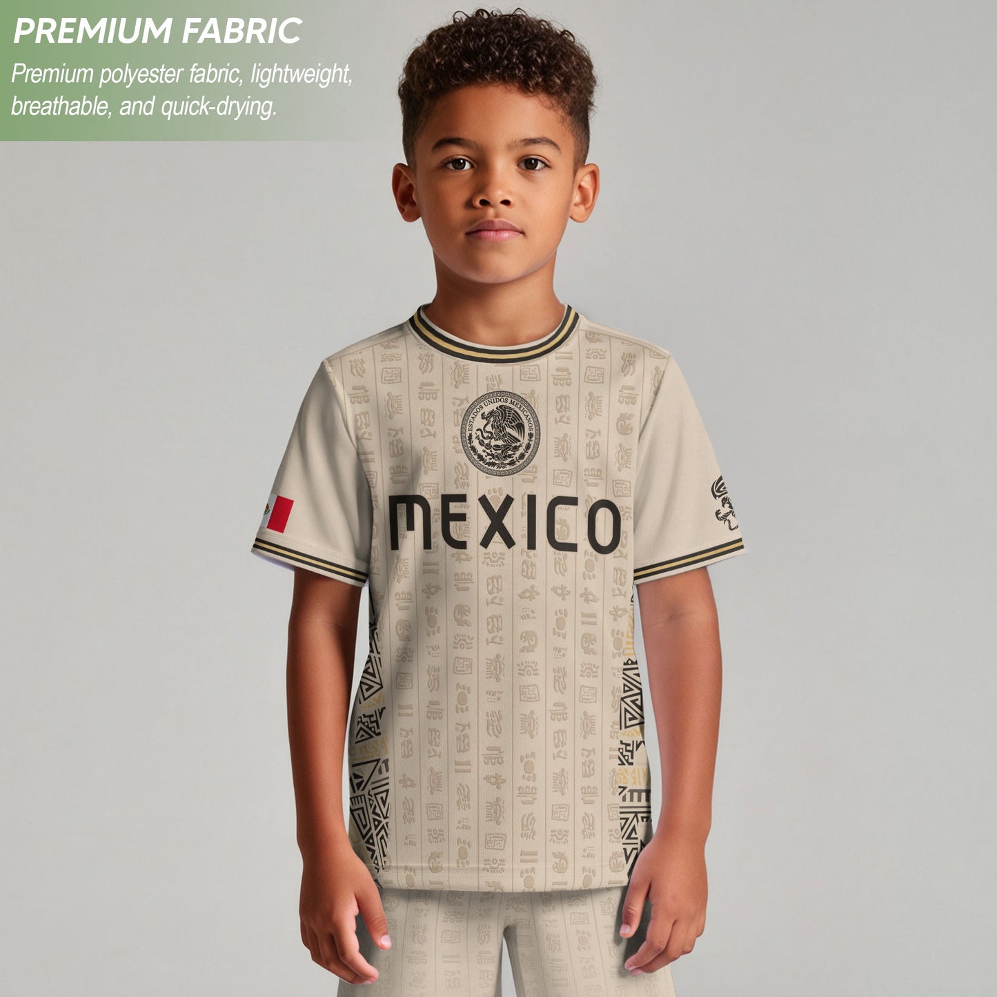 Mexico Kids Soccer Jersey Vintage Mayan Pattern Cream Toddler Sportswear Shirt